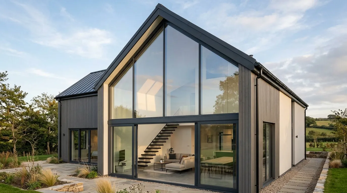 Full apex gable glazing with black aluminium frames on modern barn house