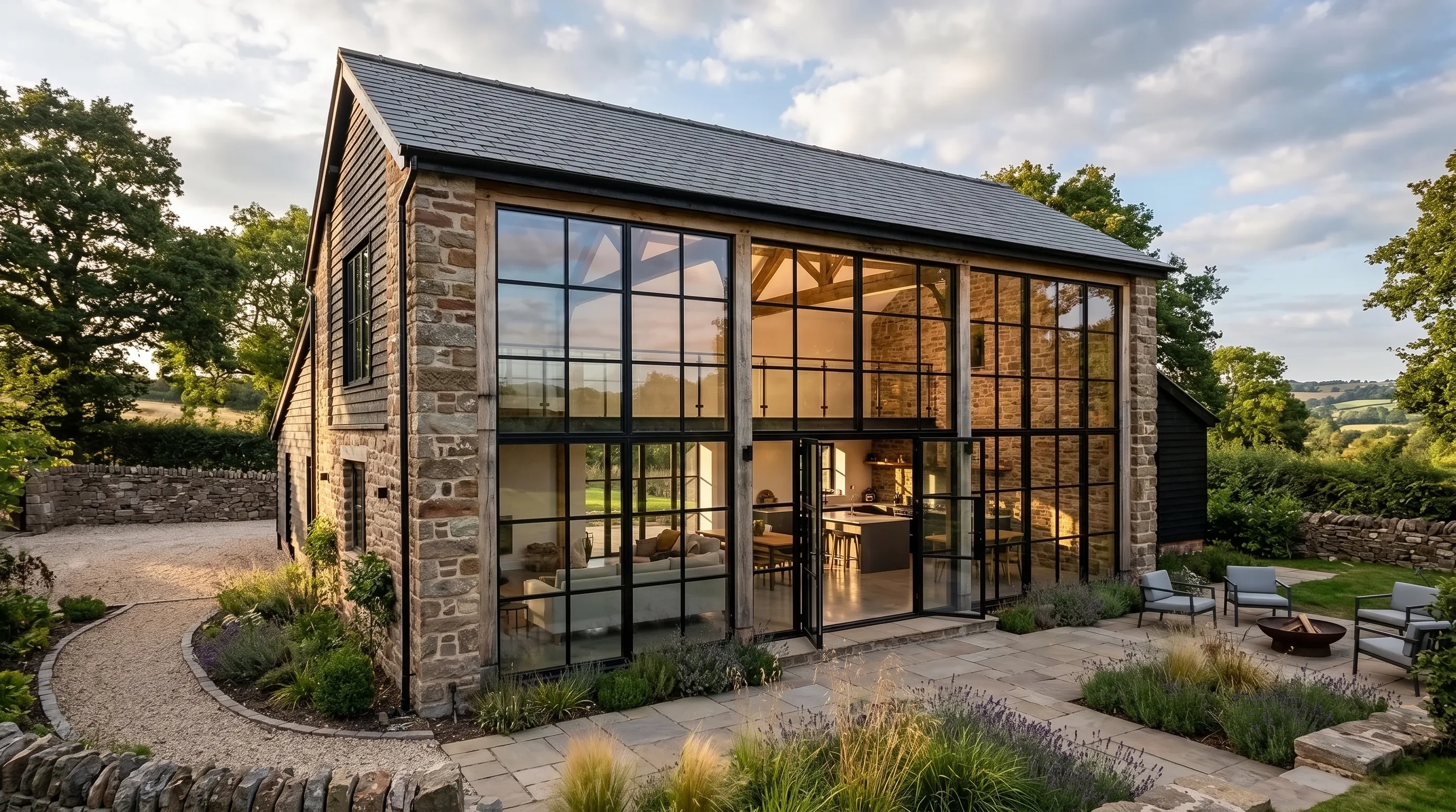 Dual-colour anthracite glass feature wall on converted barn home