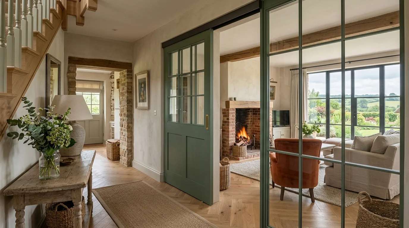 Green sliding doors separating a hallway from a cozy living room with a fireplace.