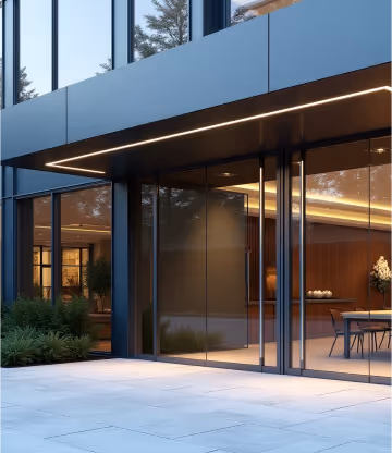 Modern glass entrance with large sliding doors and sleek overhead lighting.