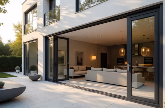  A sleek, dark-framed sliding glass door partially opens to an outdoor patio with wooden decking and surrounding greenery.