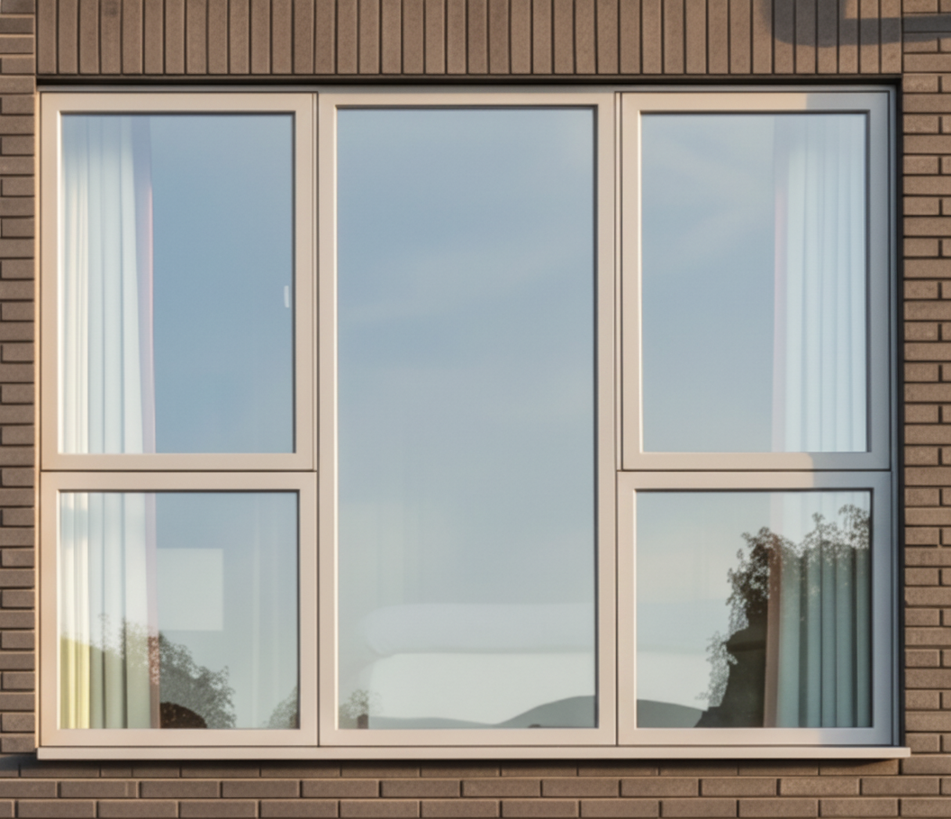 A window with white frames and clear glass, showing part of the window sill.