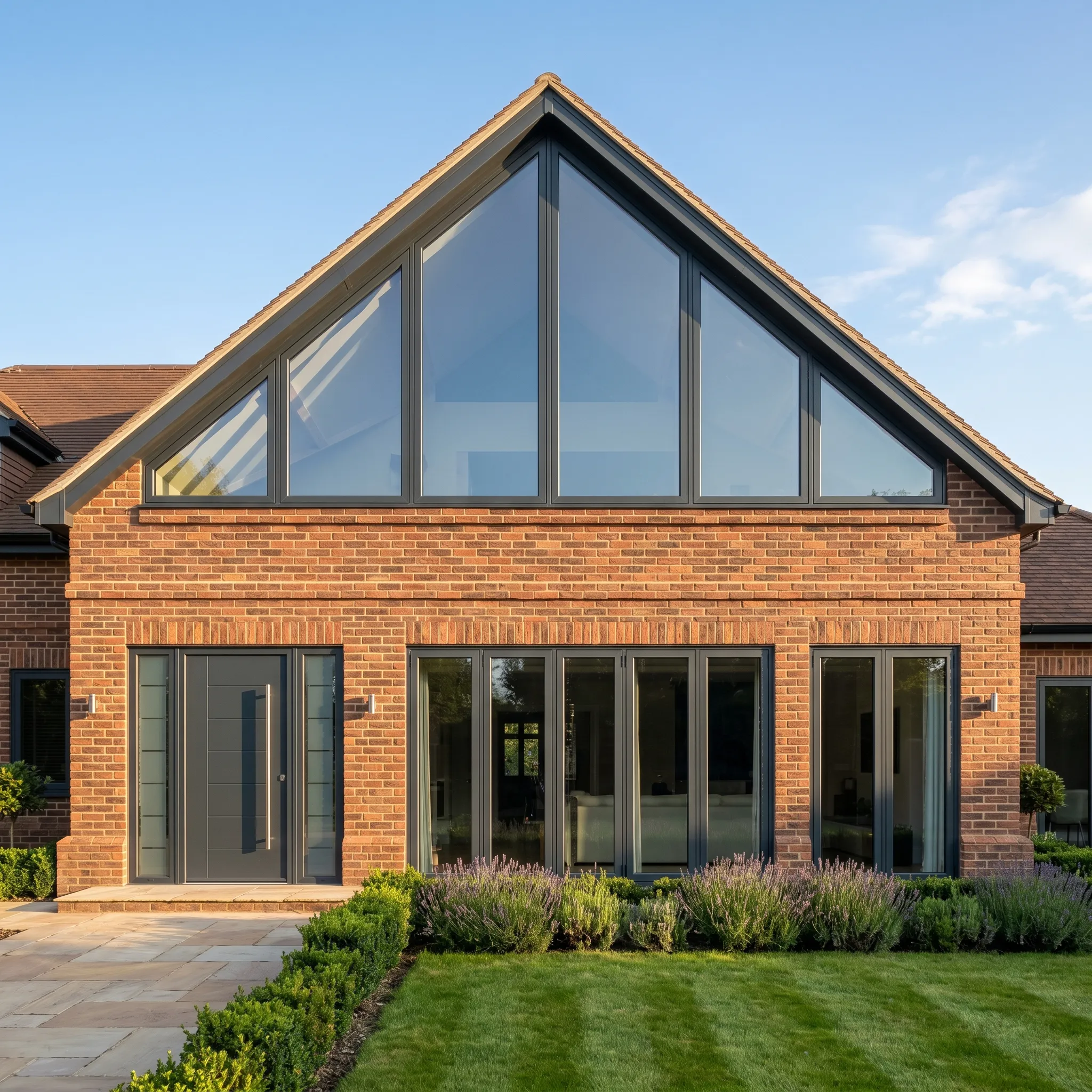 A modern brick house featuring a large gable window, matching grey front door, and bifold windows.