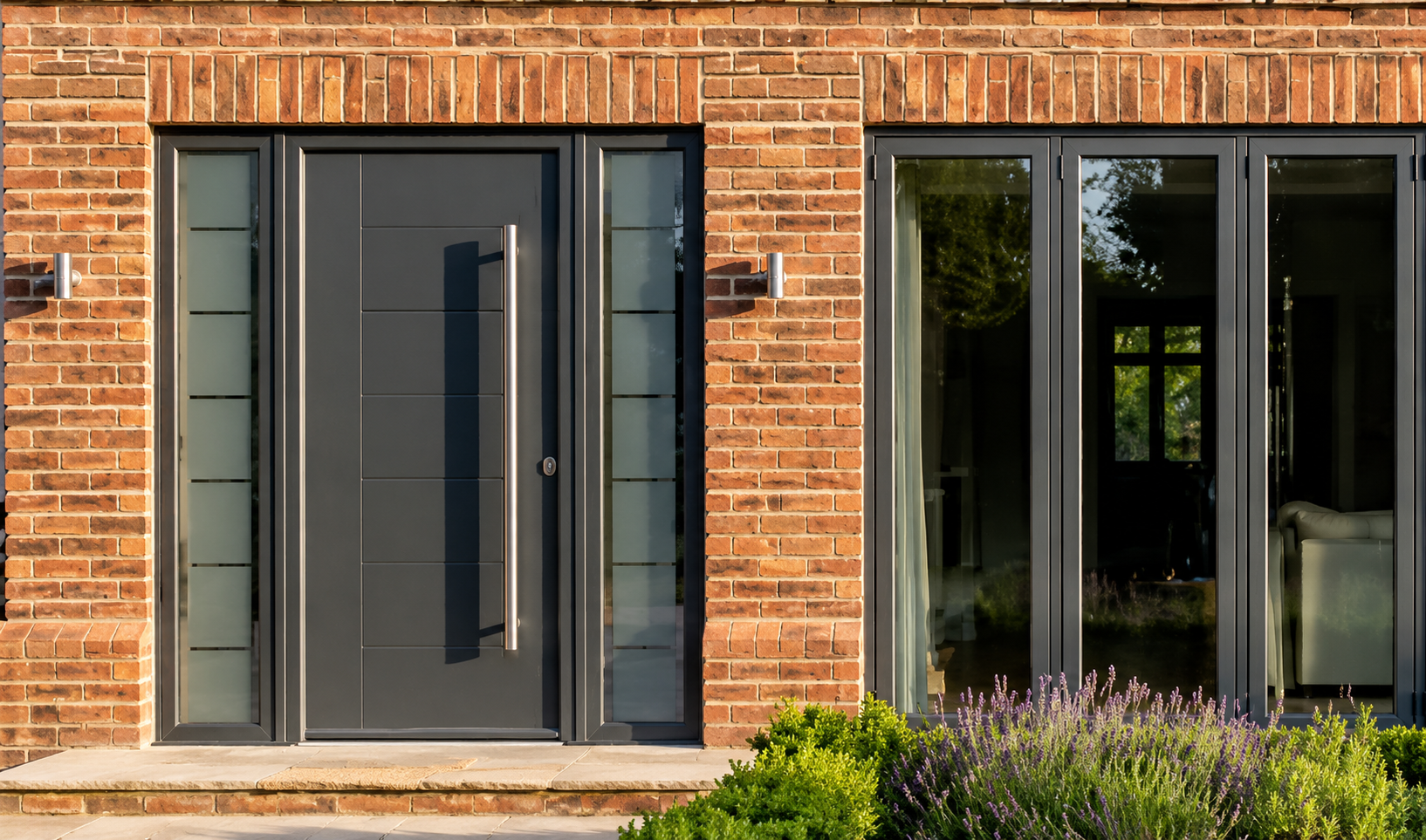 A brick building featuring wide green-framed windows, reflecting the outdoor environment with soft natural lighting.