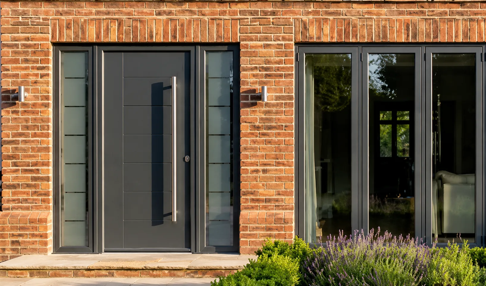 A close-up of a contemporary dark grey front door and bifold window set into a brick wall.
