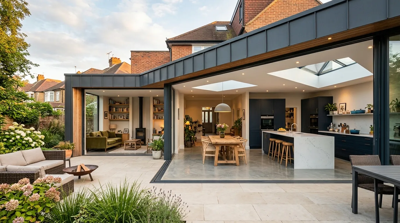 L-shaped wraparound kitchen extension with grey zinc cladding and patio