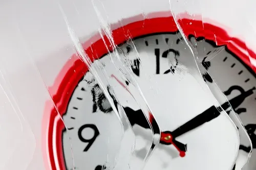 A red wall clock behind clear glass with minimal distortion.