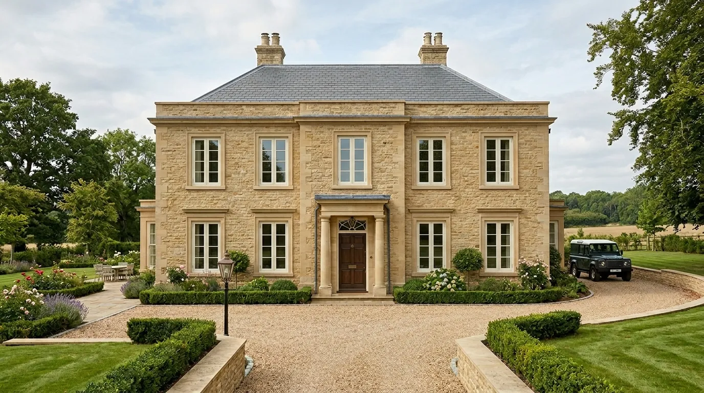 Pastel green bay and casement windows on modern stone mansion