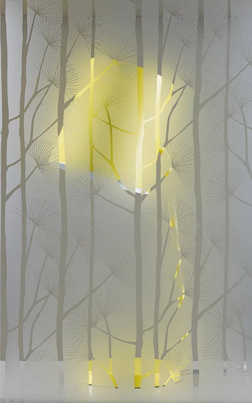 A yellow desk lamp viewed through glass with a branching tree-like pattern.