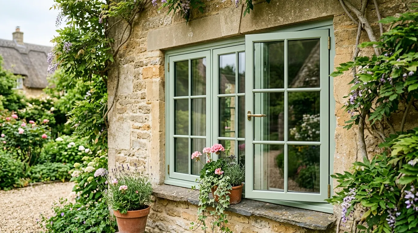Pastel green flush casement window on stone cottage exterior