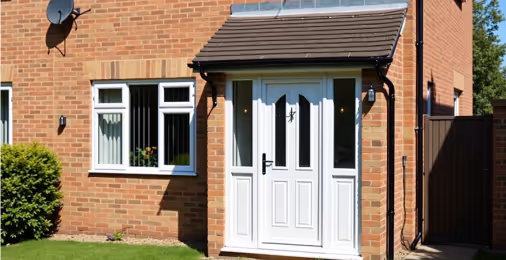  A white UPVC porch with a glass-paneled front door and two narrow side windows.