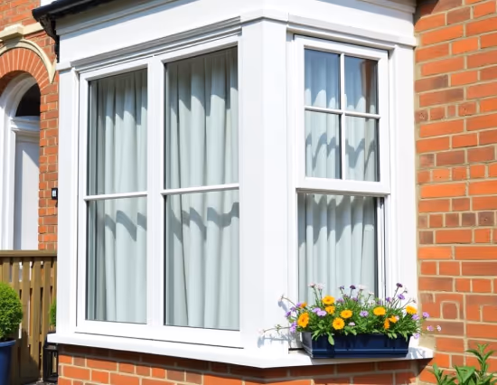  A white aluminium vertical sliding sash window with multiple panes on a brick house.