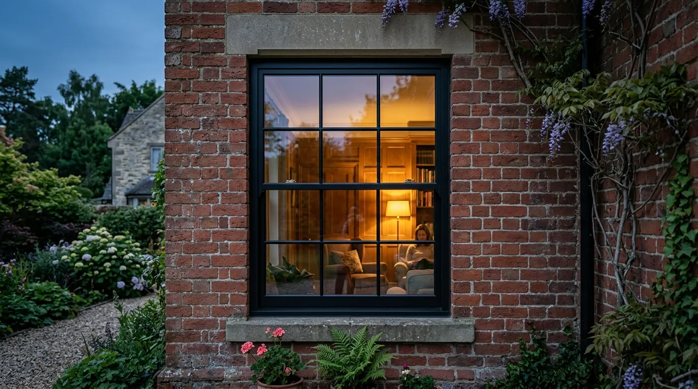Black stepped-edge sash window on traditional red brick house