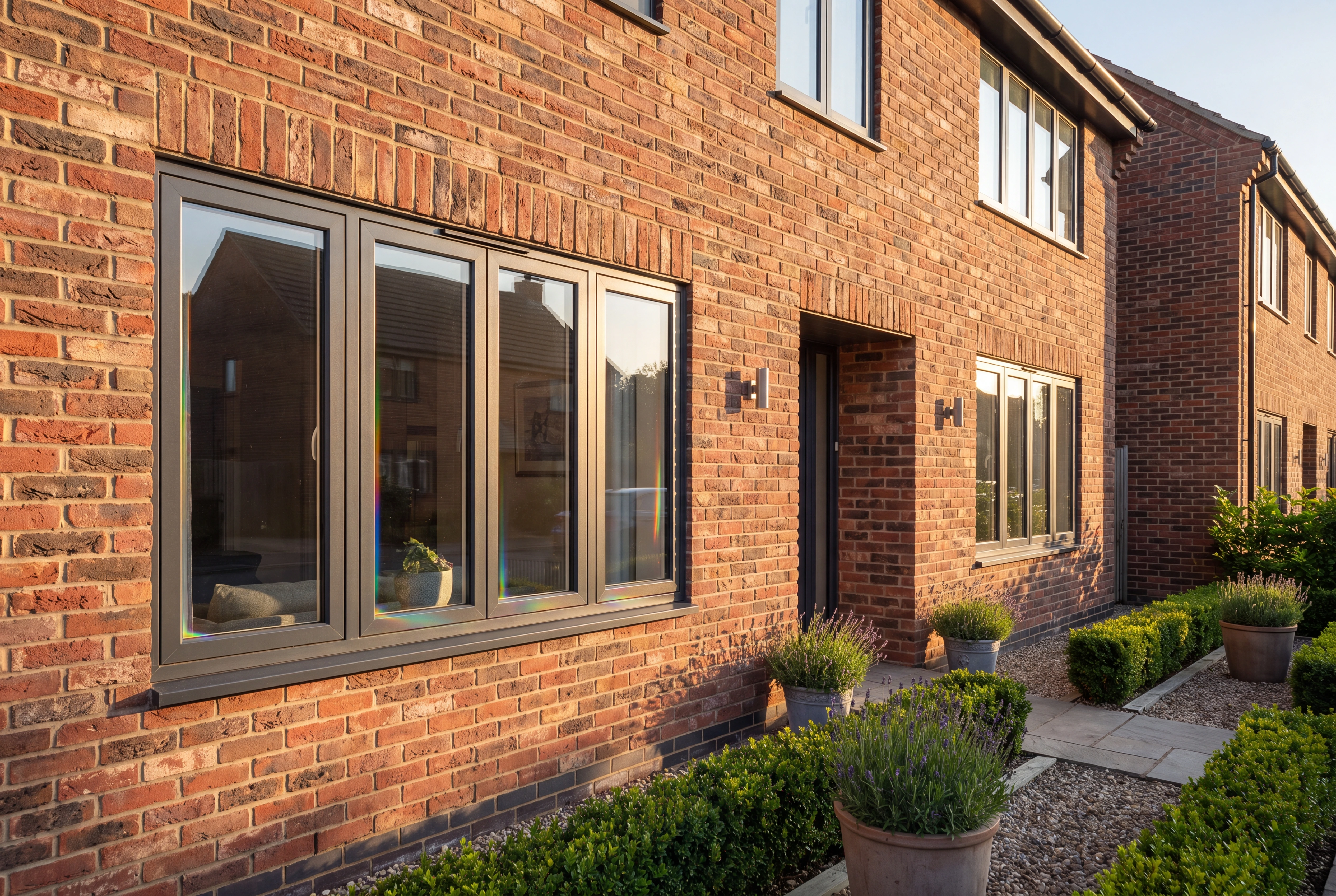 Modern UK brick home with slim anthracite grey aluminium flush casement windows across the front elevation, late golden-hour light, soft shadows on the brickwork, a glimpse of a tidy front garden