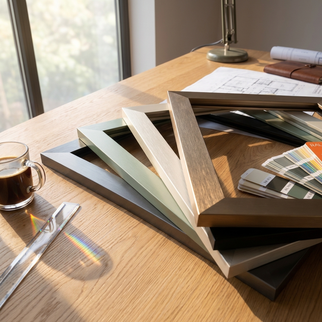 A fan of powder-coated aluminium frame samples in anthracite, sage green, cream, jet black and brushed bronze laid on an architect’s oak desk, RAL swatch book open beside them, soft window light raking the textured finishes.