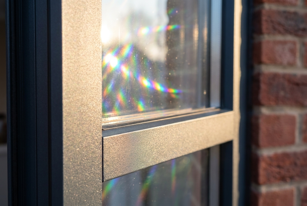 xtreme close-up of a triple glazed unit corner in a slim anthracite frame, three panes and warm-edge spacers visible in cross-section light, prismatic sparkle on the glass edge