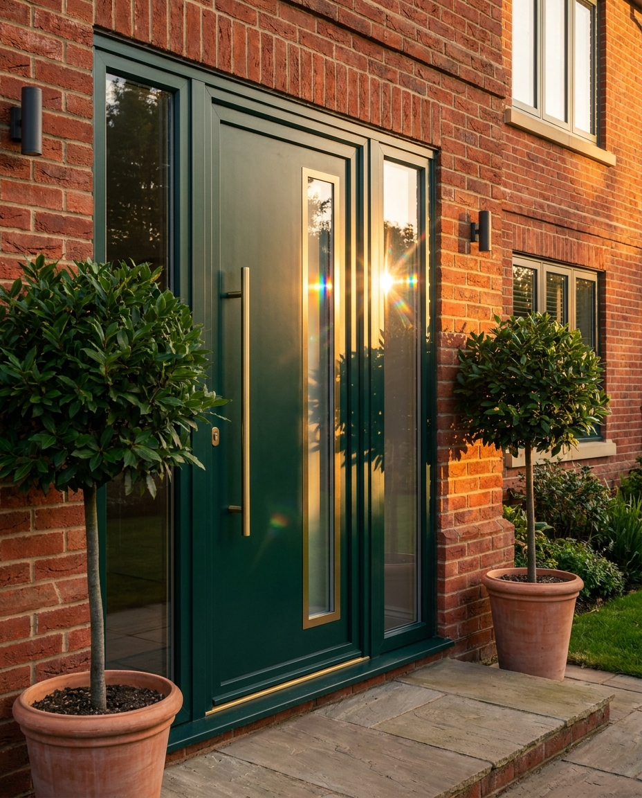 Forest green aluminium front door with sidelights on brick entrance
