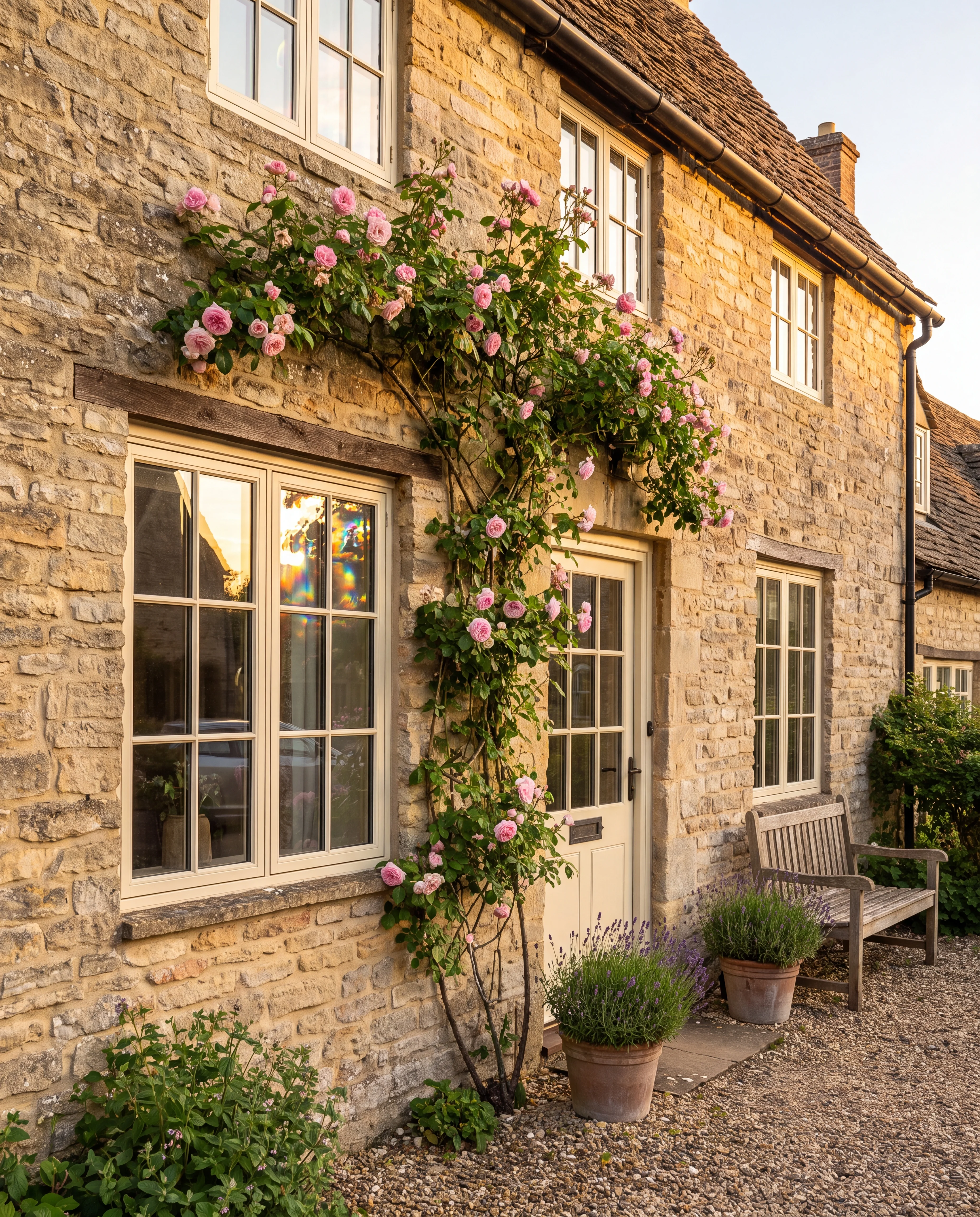 Cream heritage windows and front door on traditional stone cottage