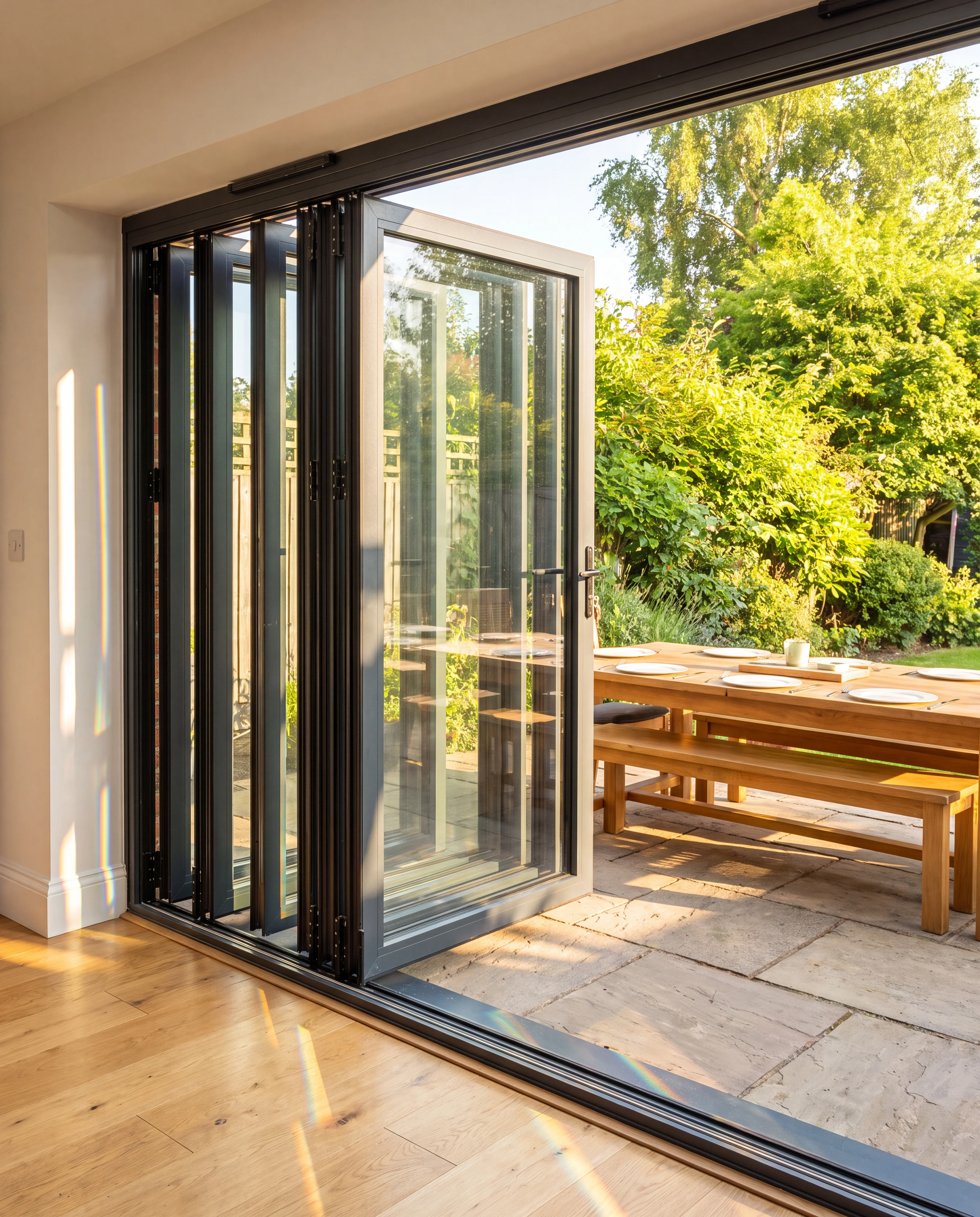 Grey aluminium bifold doors opening onto wooden deck patio