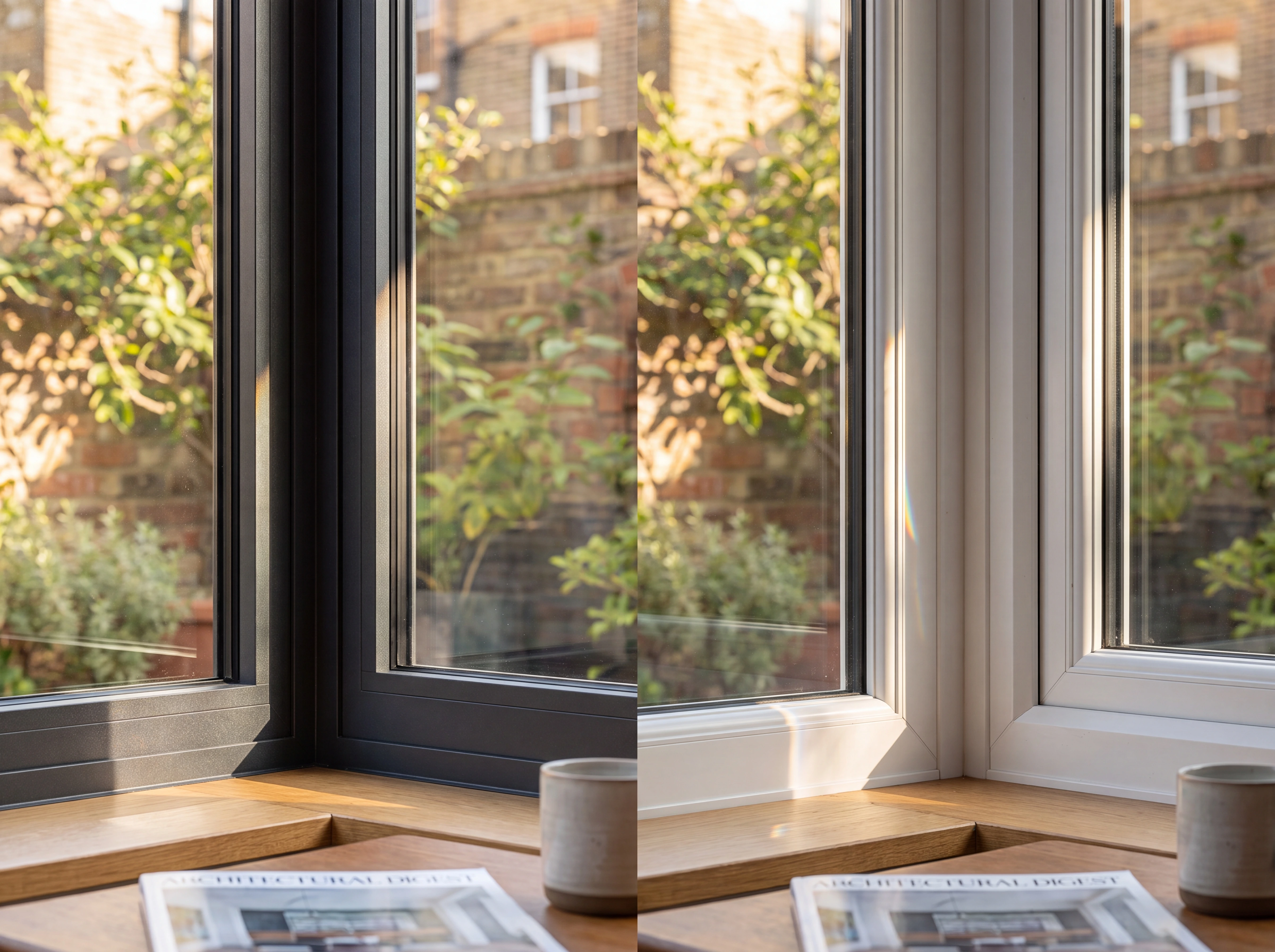 Side-by-side close-up of a slim anthracite aluminium window frame corner next to a chunky white uPVC frame corner, shallow city garden backdrop, the aluminium frame clearly slimmer, crisp powder-coat texture visible