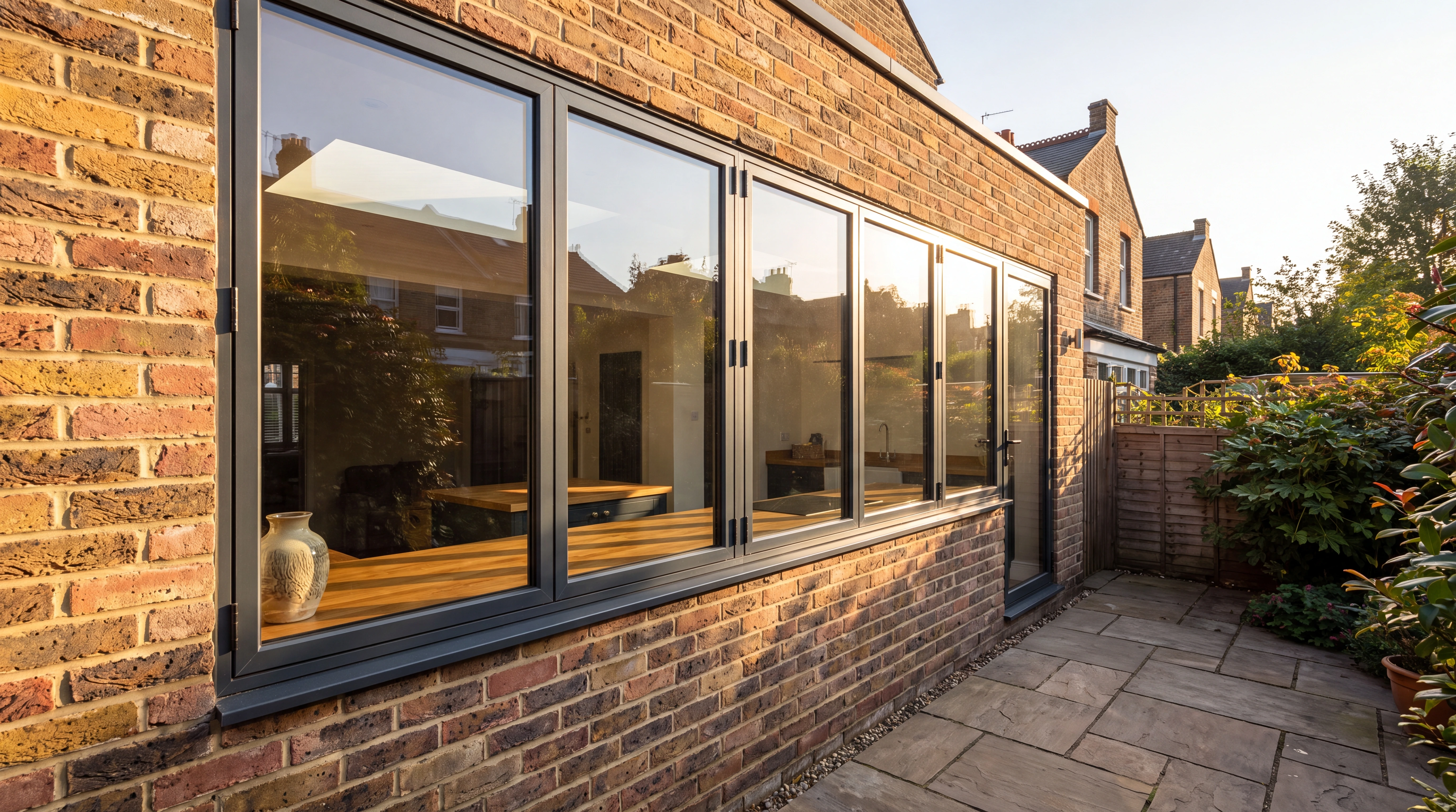 Close three-quarter view of a stepped-profile aluminium sash window on a red-brick Edwardian bay, soft shadow line under the sash edge