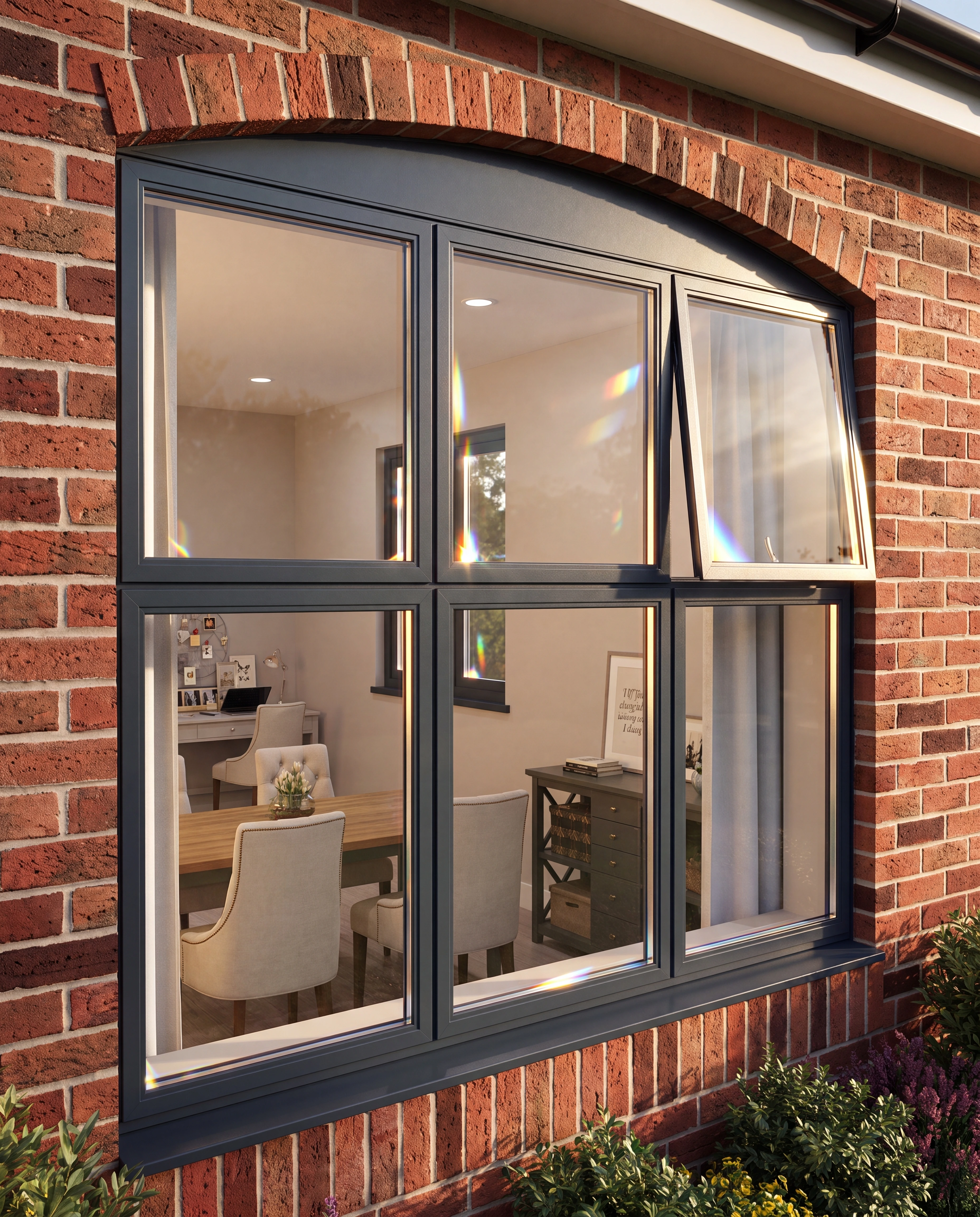 UK brick terrace with a run of flush anthracite grey aluminium casement windows, sash perfectly level with the frame, morning light raking across the flat glass plane, oak worktop just visible inside