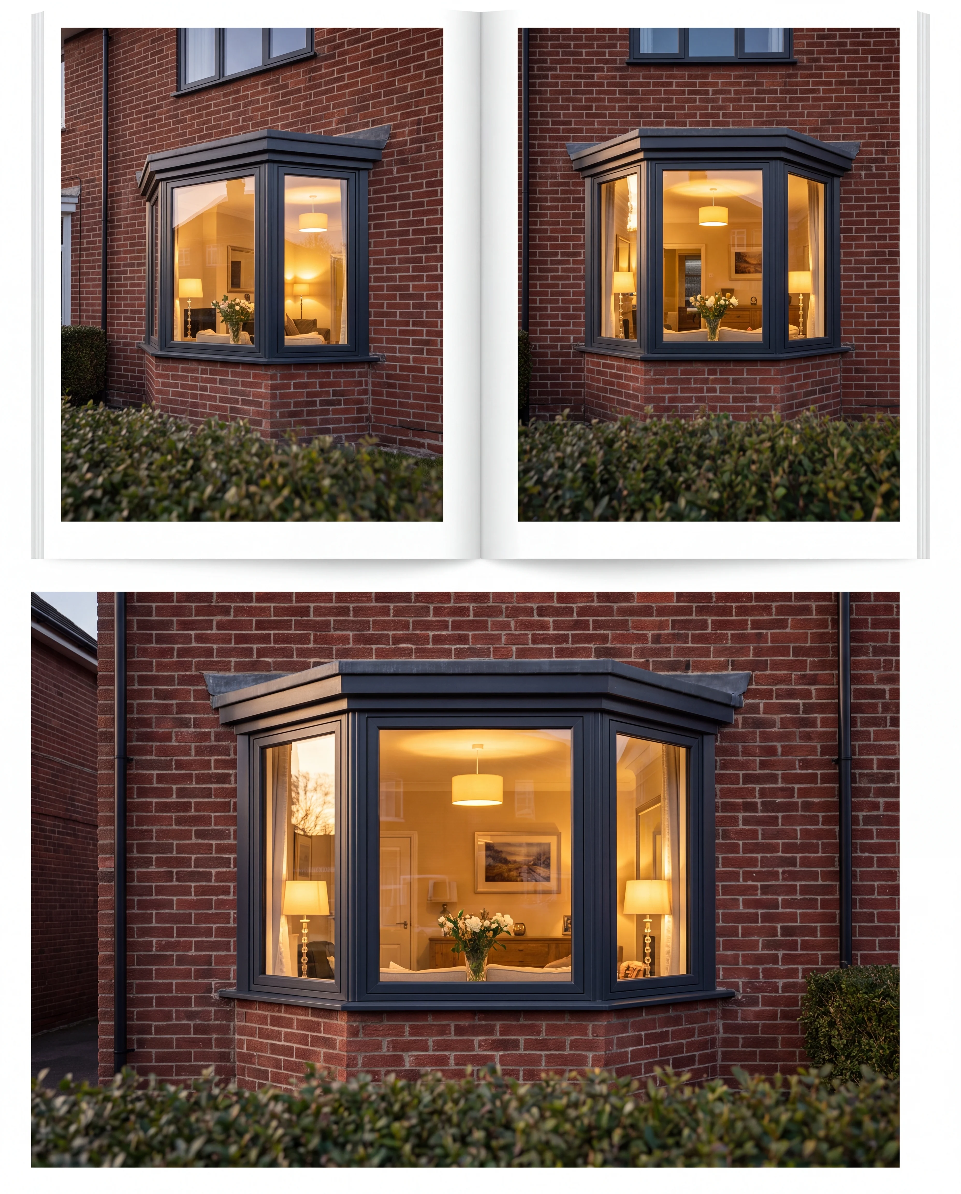 Three-panel bay window in slim anthracite aluminium on a 1930s UK semi, warm interior lamp glow behind the glass at dusk, brick detail sharp, small front hedge in soft focus.  