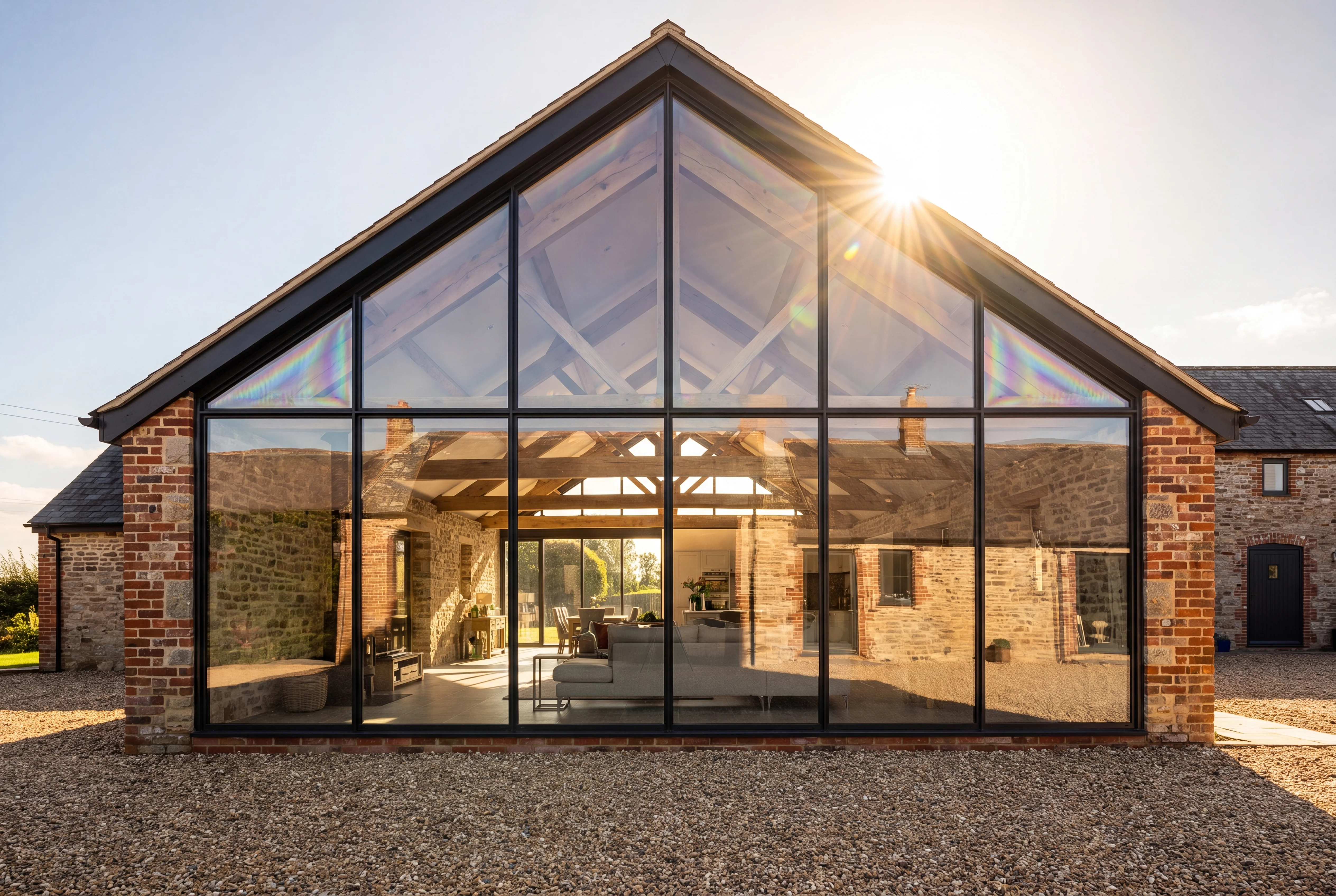 Slim black aluminium on a converted UK barn, triangle of glass reaching the ridge, low sun flaring through the apex, oak trusses visible inside, gravel drive in the foreground