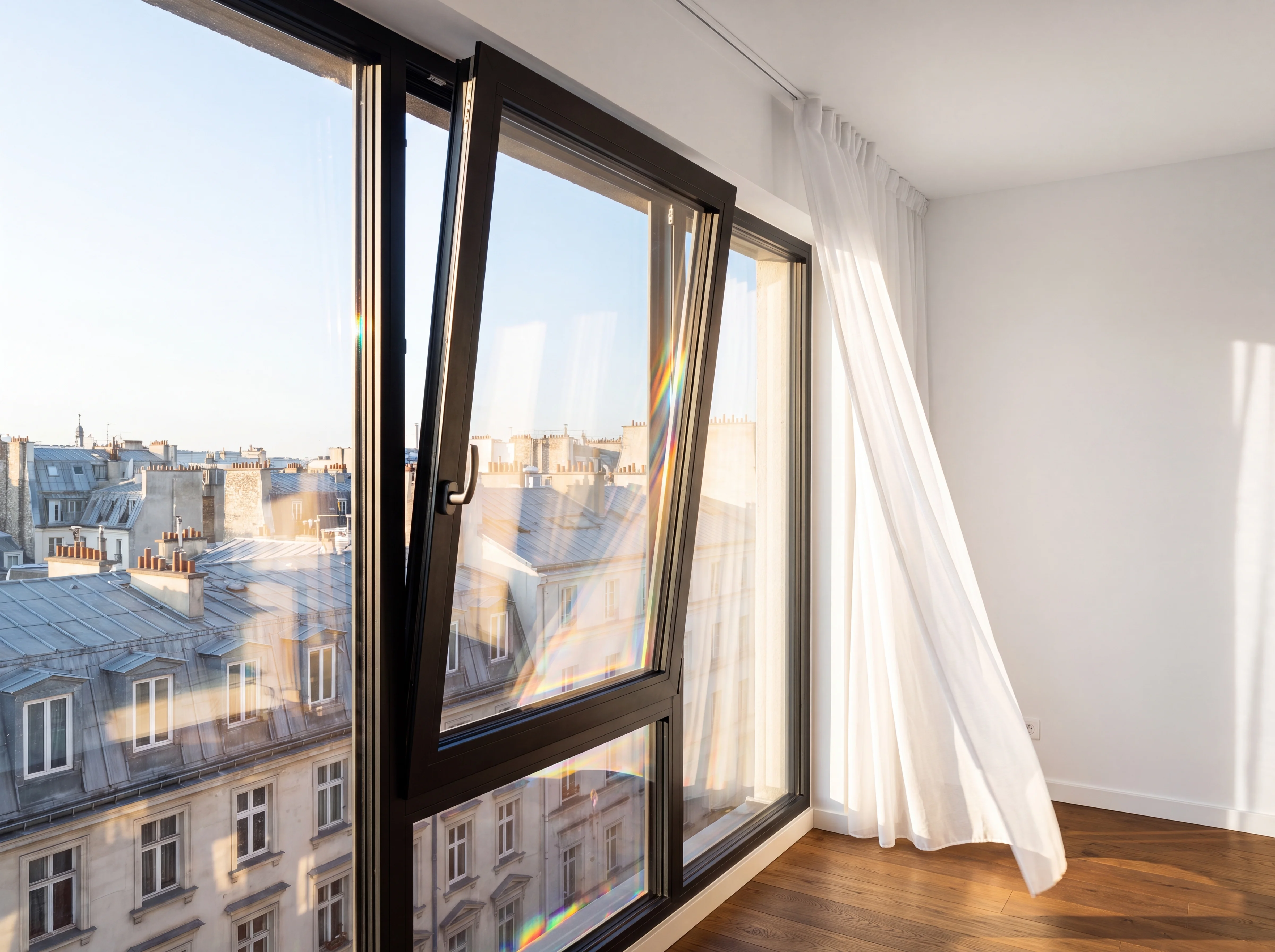 A matt black aluminium tilt and turn window tilted inward at the top inside a bright bedroom, sheer curtain moving in the breeze, city rooftops beyond the glass, clean white wall and oak floor
