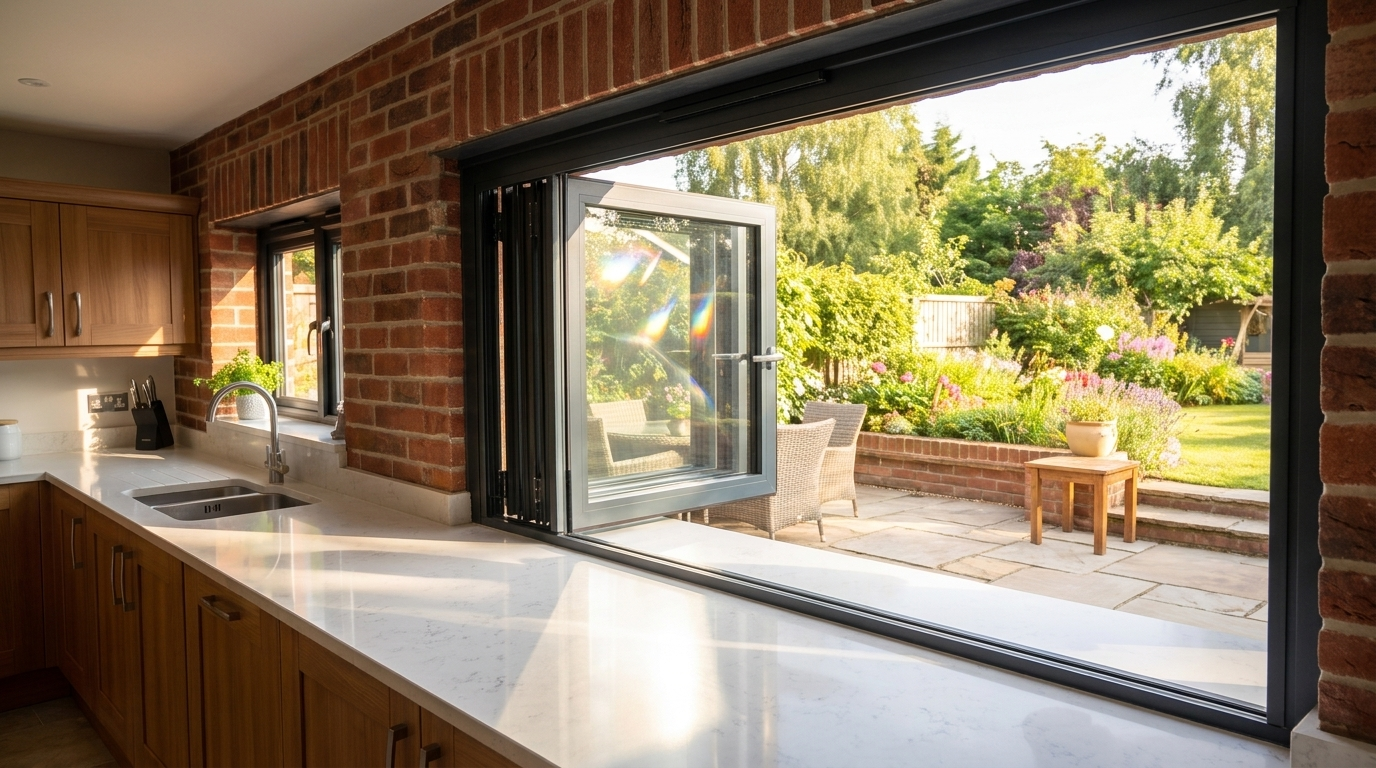 A slim anthracite aluminium bifold window folded fully open above a kitchen worktop, coffee cups passed through to a sunny patio, panels stacked neatly to one side, summer garden beyond.