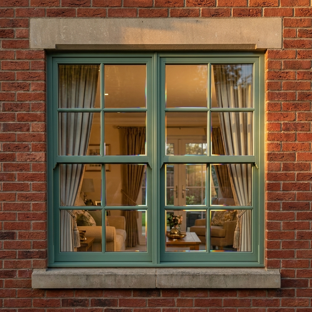 A Victorian red-brick terrace with heritage aluminium sash-look windows, 6-over-6 astragal bars in heritage green, warm evening light on the brick, original stone lintels above each window.