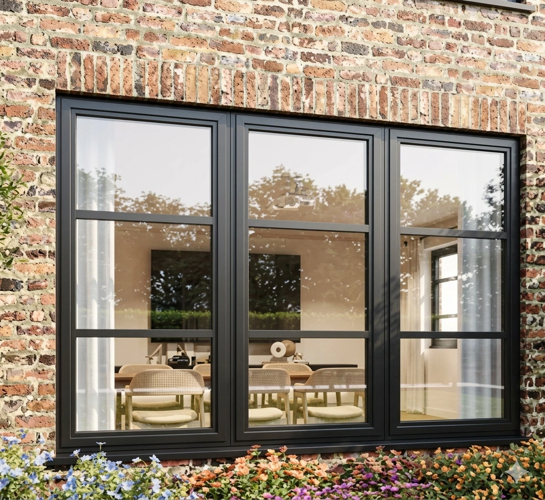 Black aluminium bifold doors with astragal heritage bars on brick patio