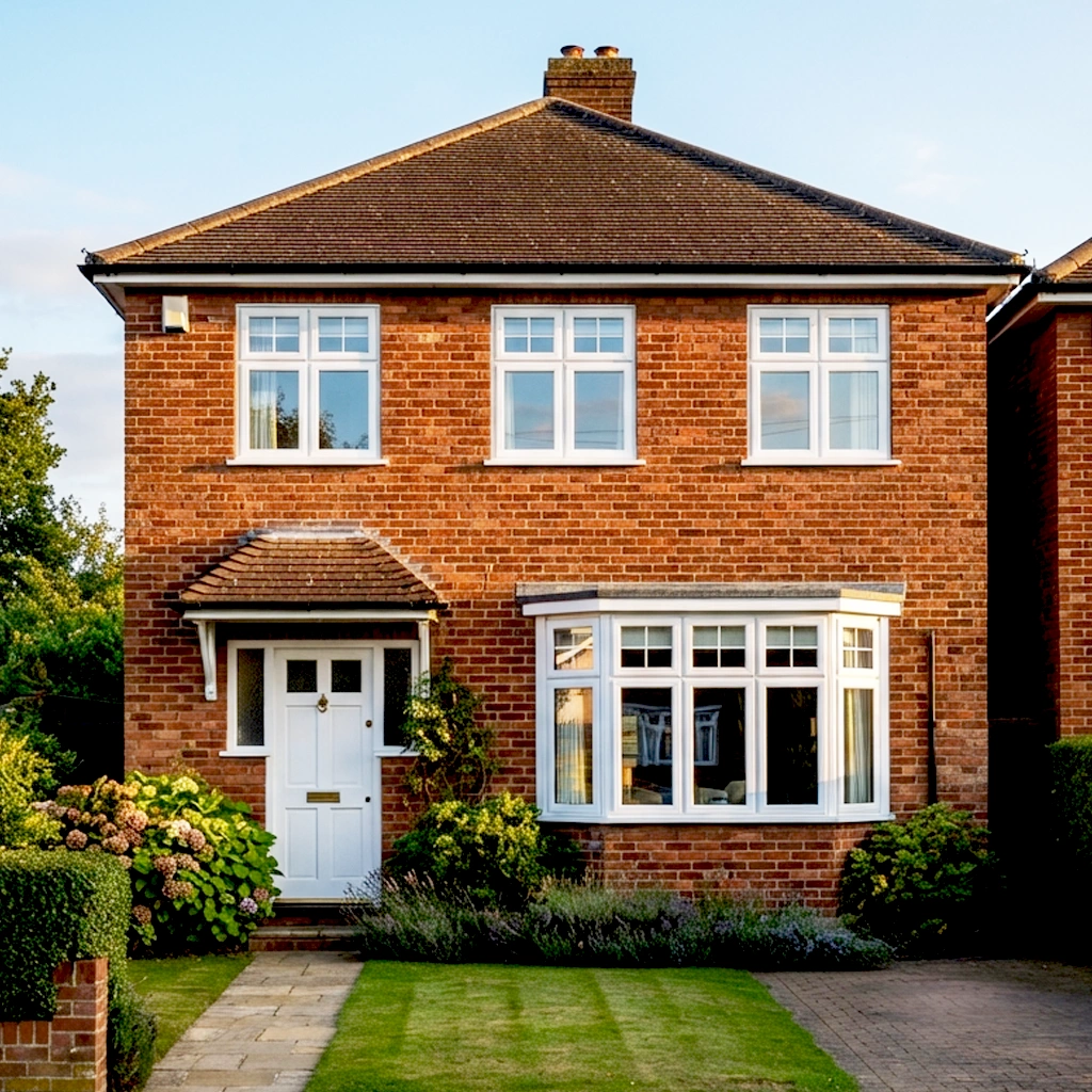White flush uPVC casement windows on a red-brick UK semi-detached home at golden hour