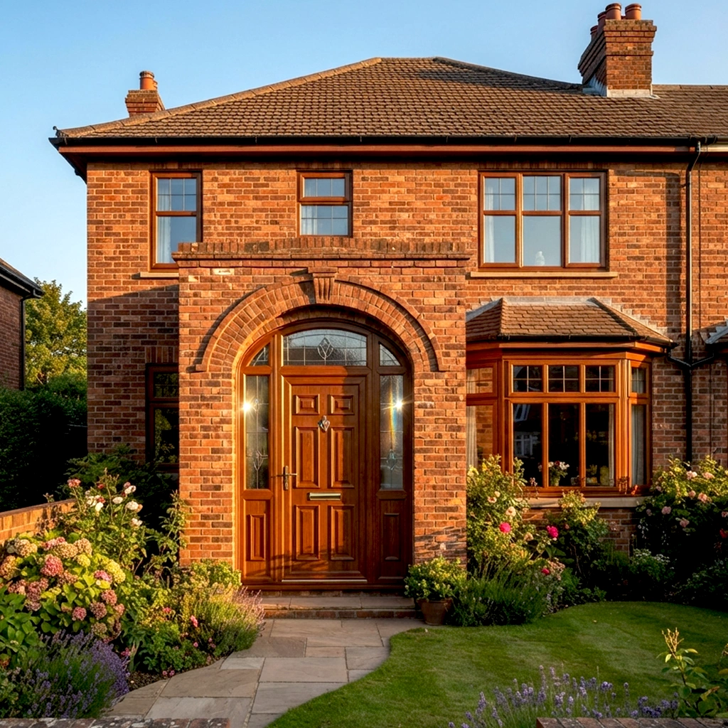 Mahogany full panel uPVC front door on a traditional detached UK brick home