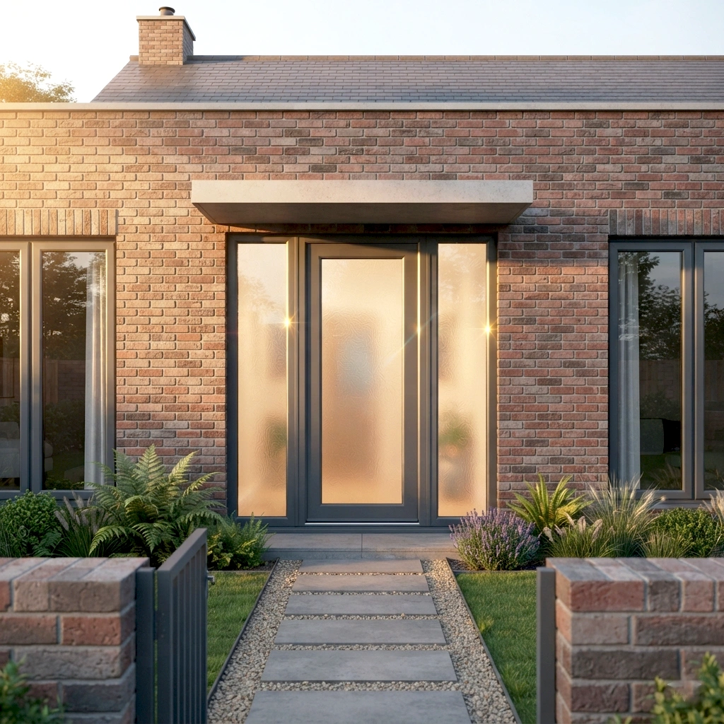 Anthracite grey full glass uPVC front door with frosted glazing on a modern UK brick home
