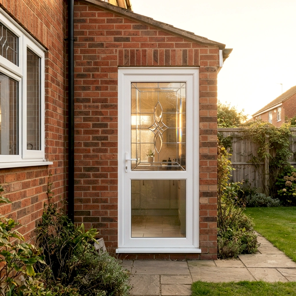 White half glass uPVC back door opening to the garden of a UK brick home