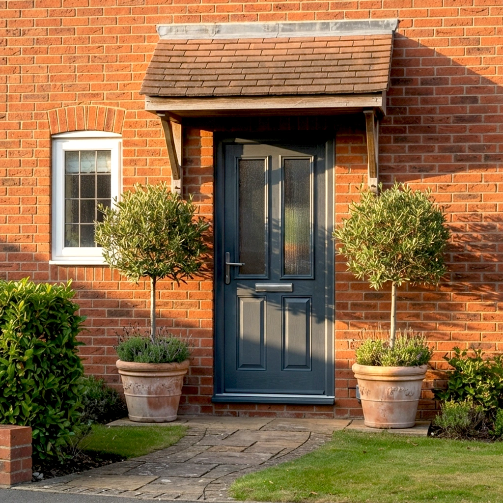 Anthracite grey uPVC front door with glazed top panel on a traditional UK brick house