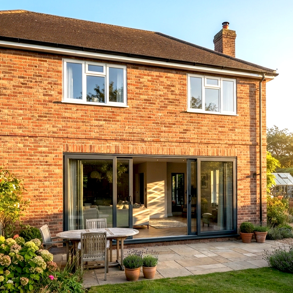 Anthracite grey uPVC sliding patio doors opening onto a garden patio at golden hour