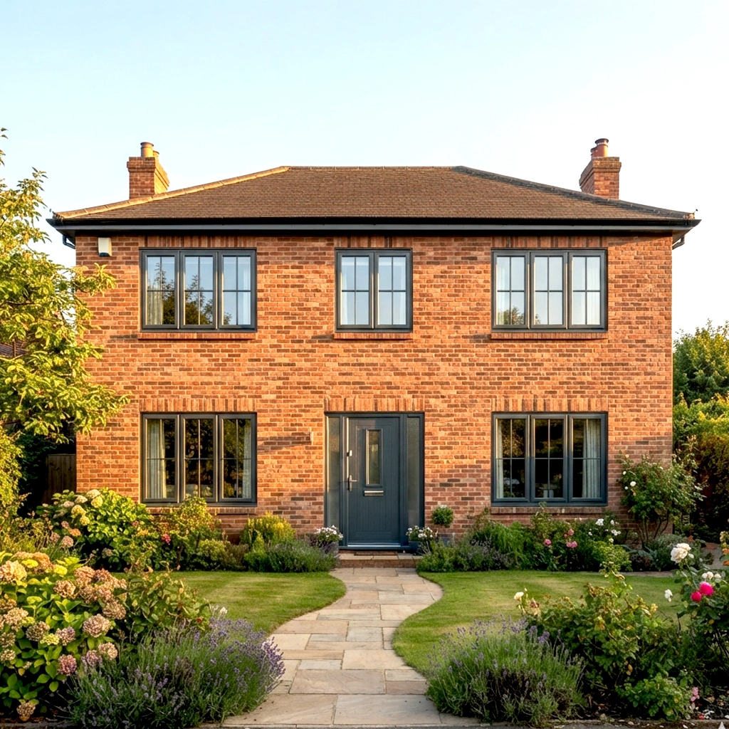 Detached UK brick home with a full set of anthracite grey uPVC windows at golden hour