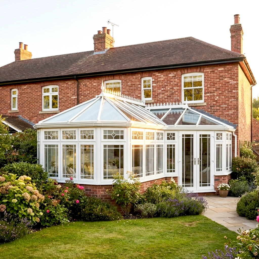 White uPVC Victorian-style conservatory on a red-brick UK home at golden hour