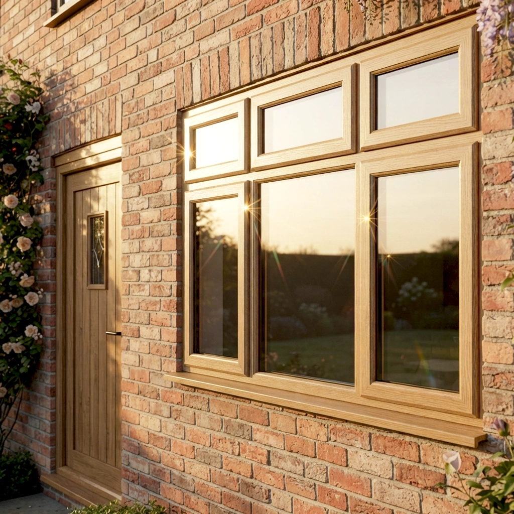 Light oak flush uPVC casement window in the brick wall of a period UK cottage
