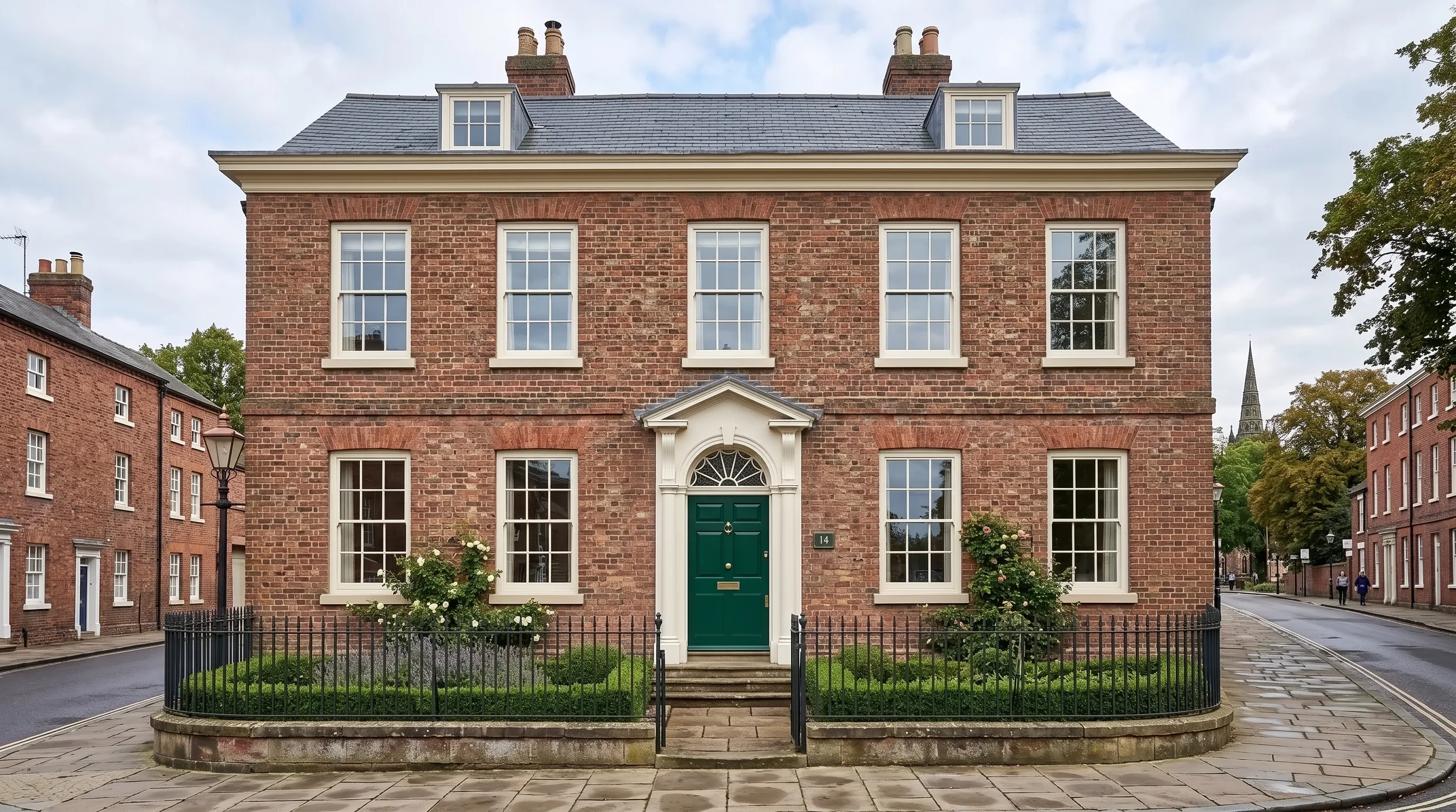 Black apex gable glazing and casements on classic brick townhome