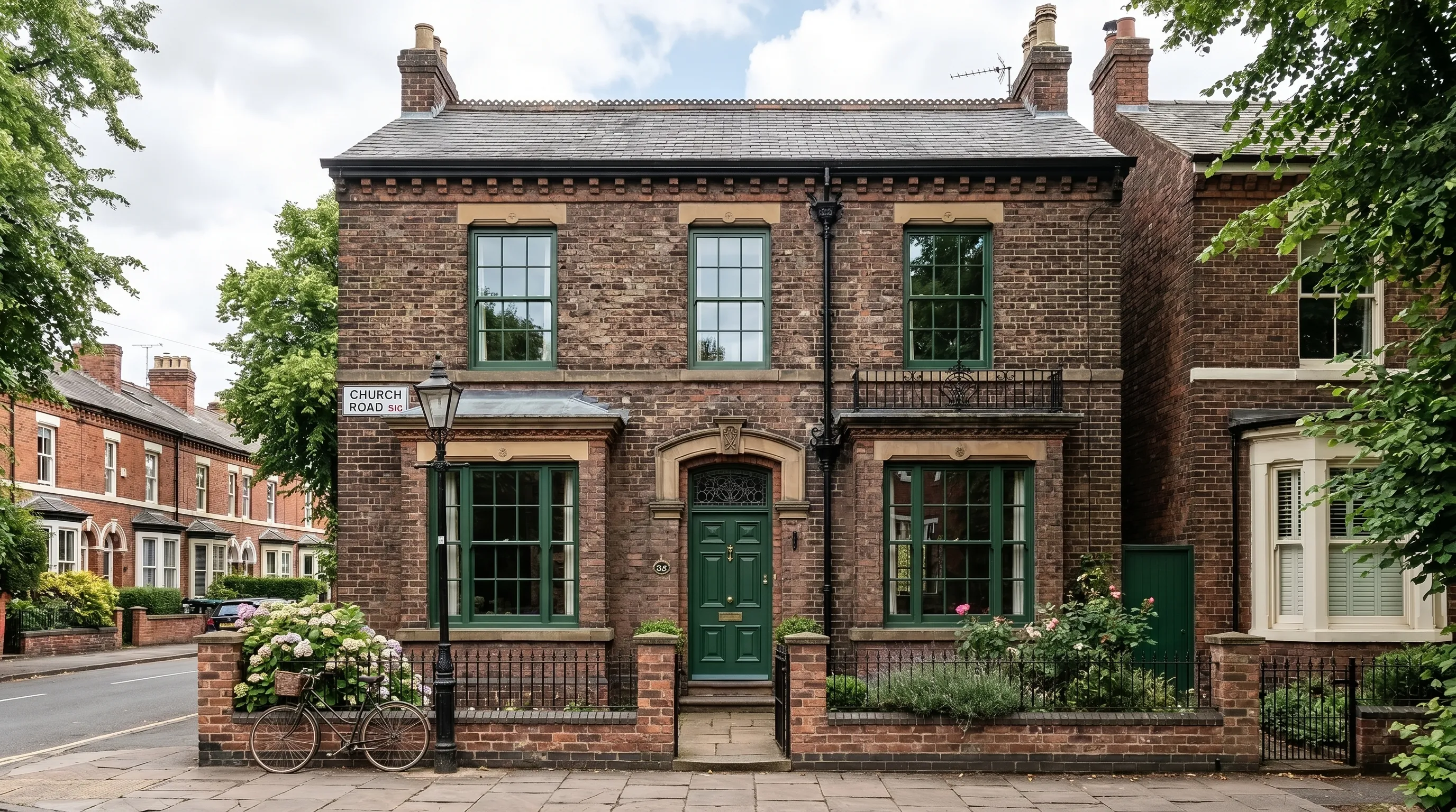 Anthracite grey flush casement windows on period brick home