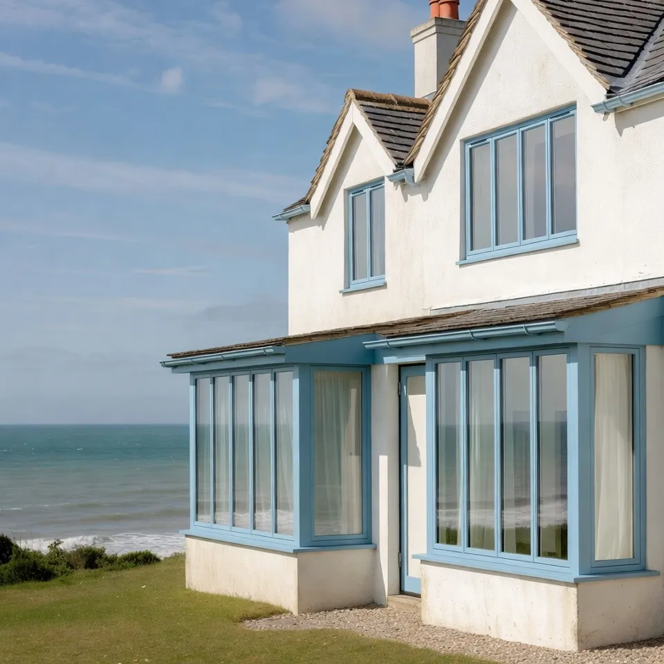 Seaside cottage with white walls and light blue window frames.