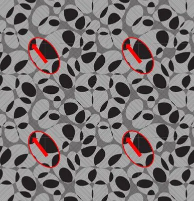 A black and grey abstract repeating pattern with four areas highlighted by red circles and lines.