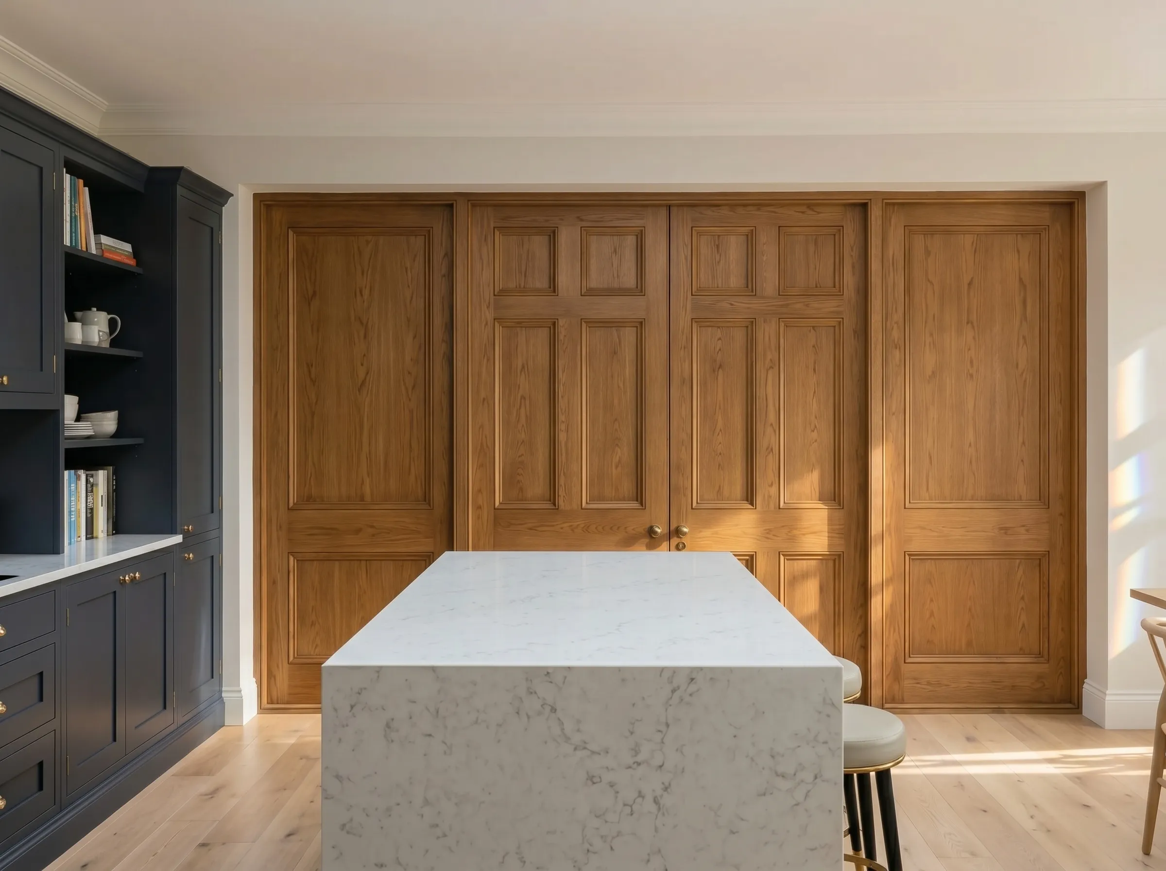A modern kitchen featuring a white marble island and large wooden double doors.