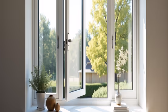 A white UPVC tilt and turn window with a single pane, reflecting the blue sky and white clouds.