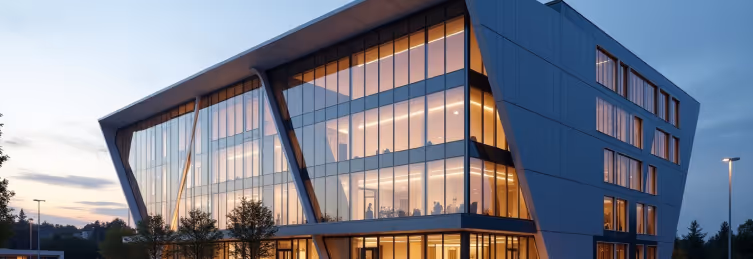 A modern building with a distinctive angular glass facade and illuminated interior spaces.