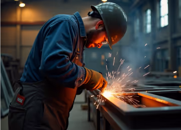 Worker welding metal frame in an industrial workshop.