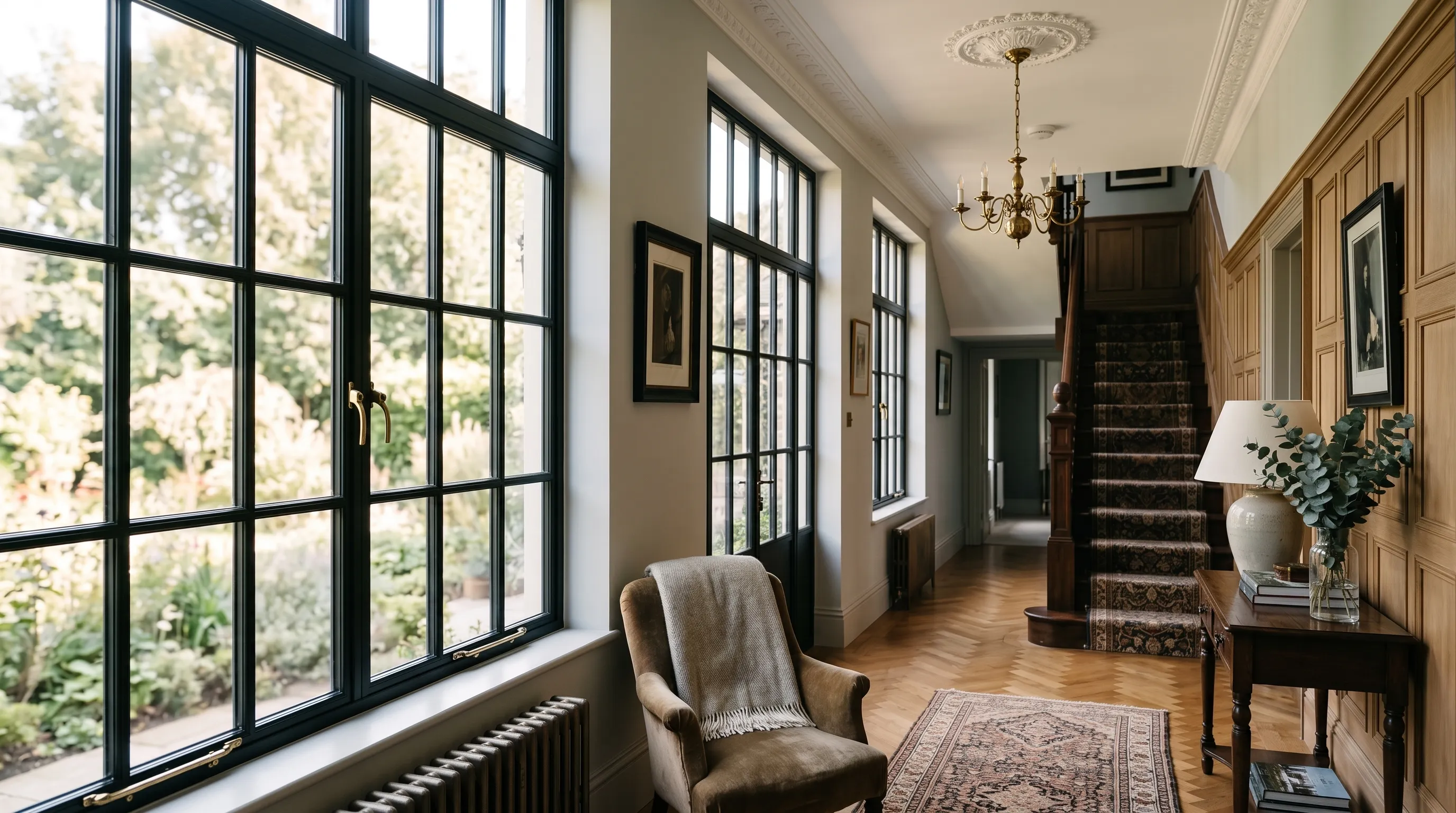 Interior view of a classic hallway with slim-frame black aluminium multi-pane windows.